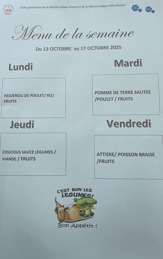 Menu de cantine de la semaine du 13 au 17 OCTOBRE 2025