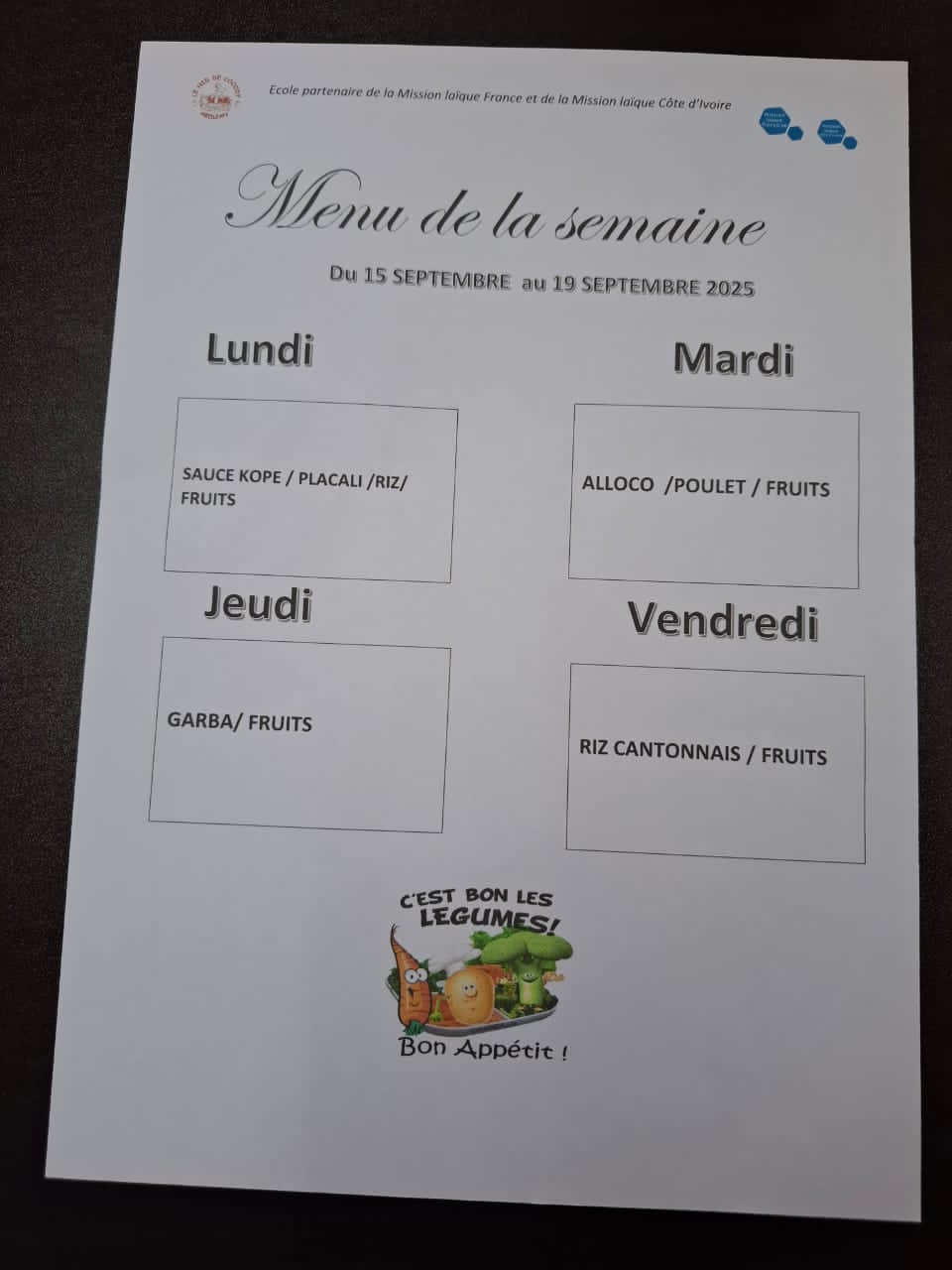 Menu de cantine de la semaine du 15 au 19 SEPTEMBRE 2025 - Le Nid De Cocody