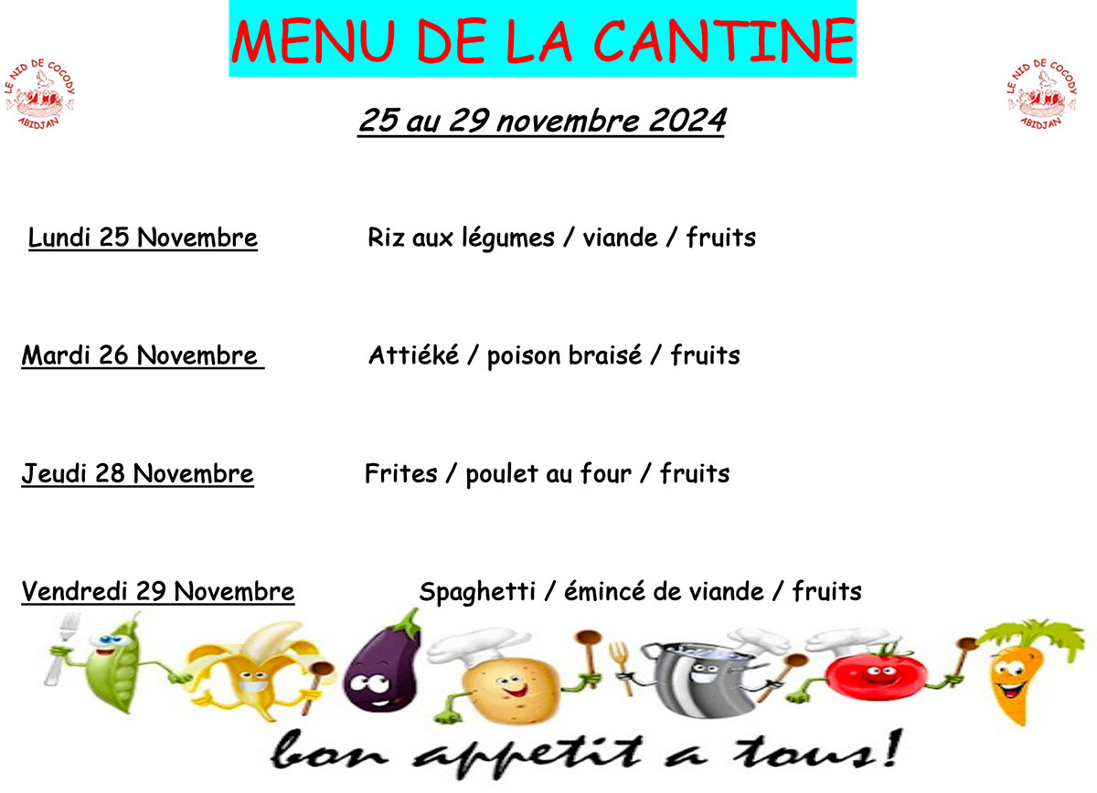 Menu de cantine de la semaine du 25 au 29 novembre 2024
