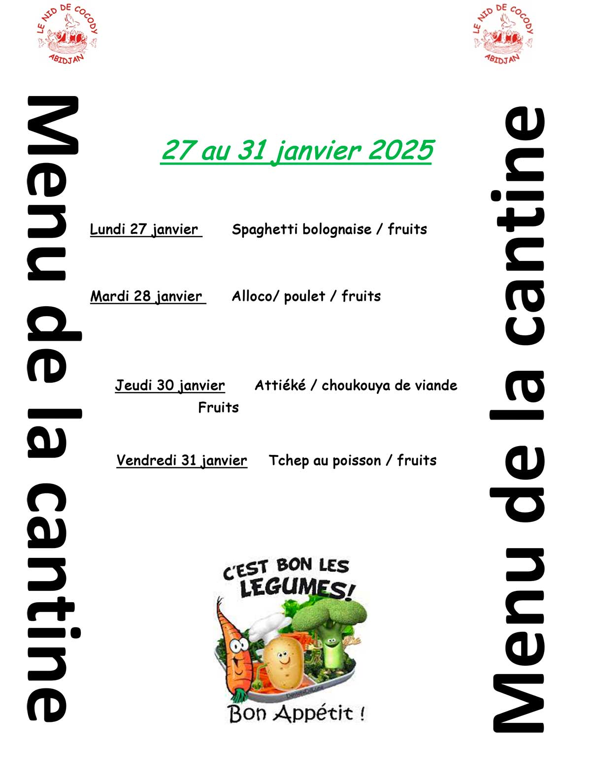 Menu de cantine de la semaine du 27 au 31 janvier 2025 